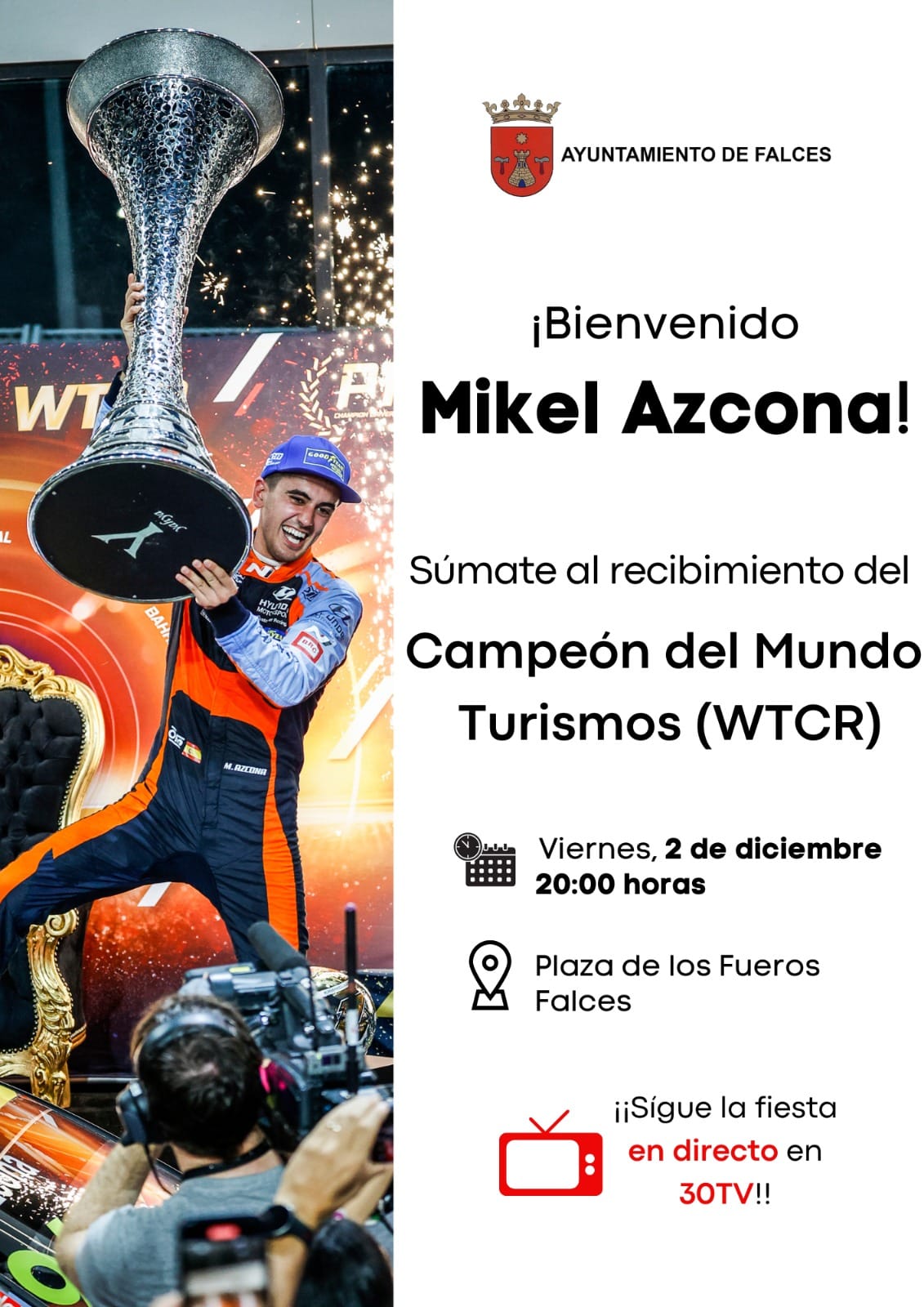 Falces recibe esta tarde a Mikel Azcona, campe&oacute;n del Mundo de Turismos